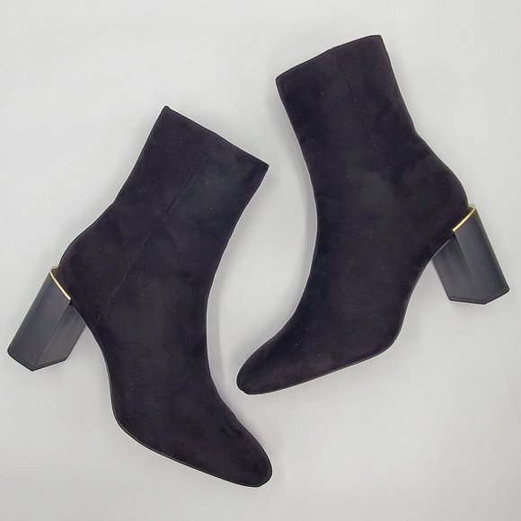 Zara Velvet Booties Gold Trimmed Block Heels - Picture 3 of 16